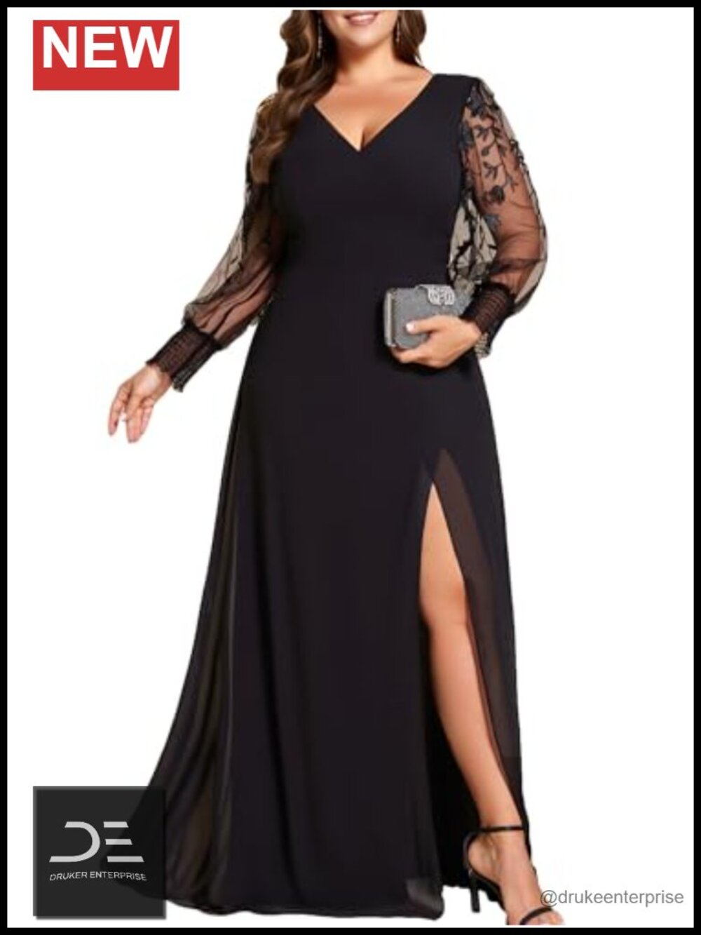 Long Sleeve Chiffon A-Line Formal Evening Dress Embroidered V-Neck